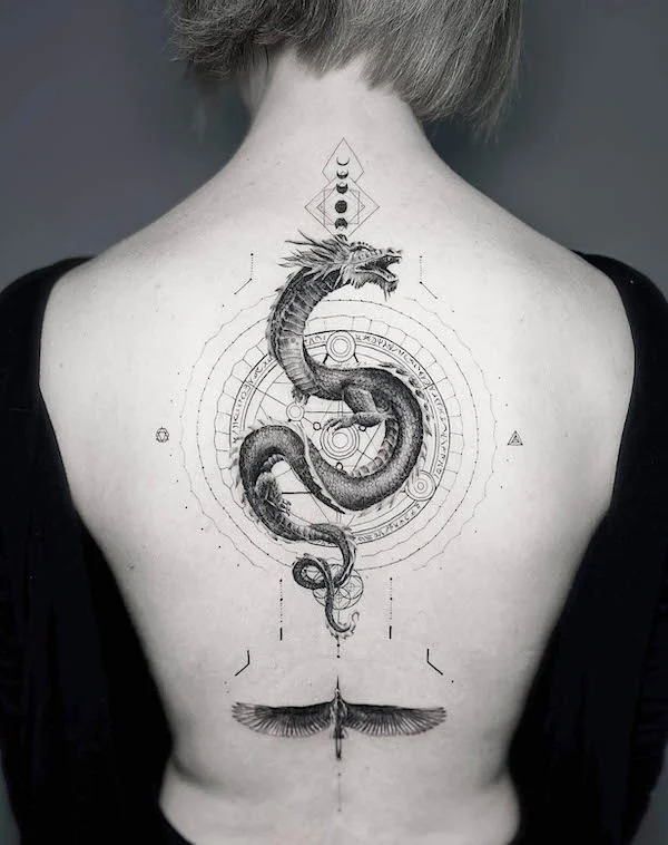 Full back dragon and eagle tattoo fineline