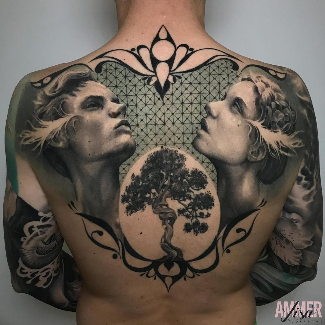 black & grey realism full back tattoo by lisa ammer