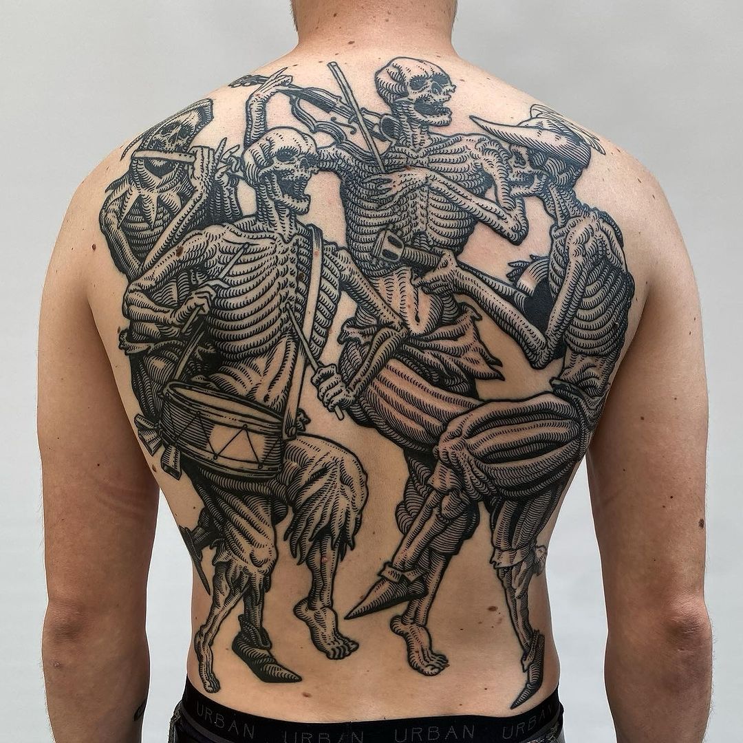 dark art full back tattoo by side