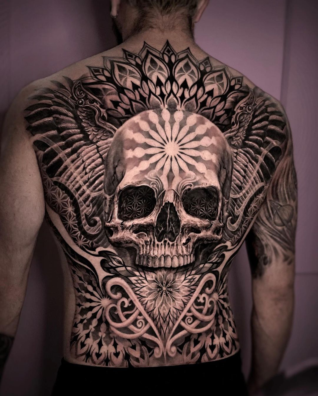 dark art full back tattoo by seam