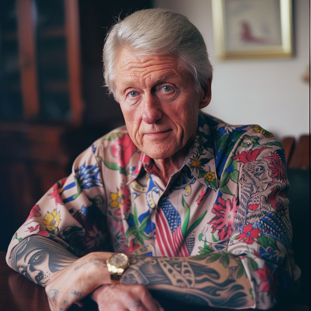 bill clinton imagined with tattooes via midjourney