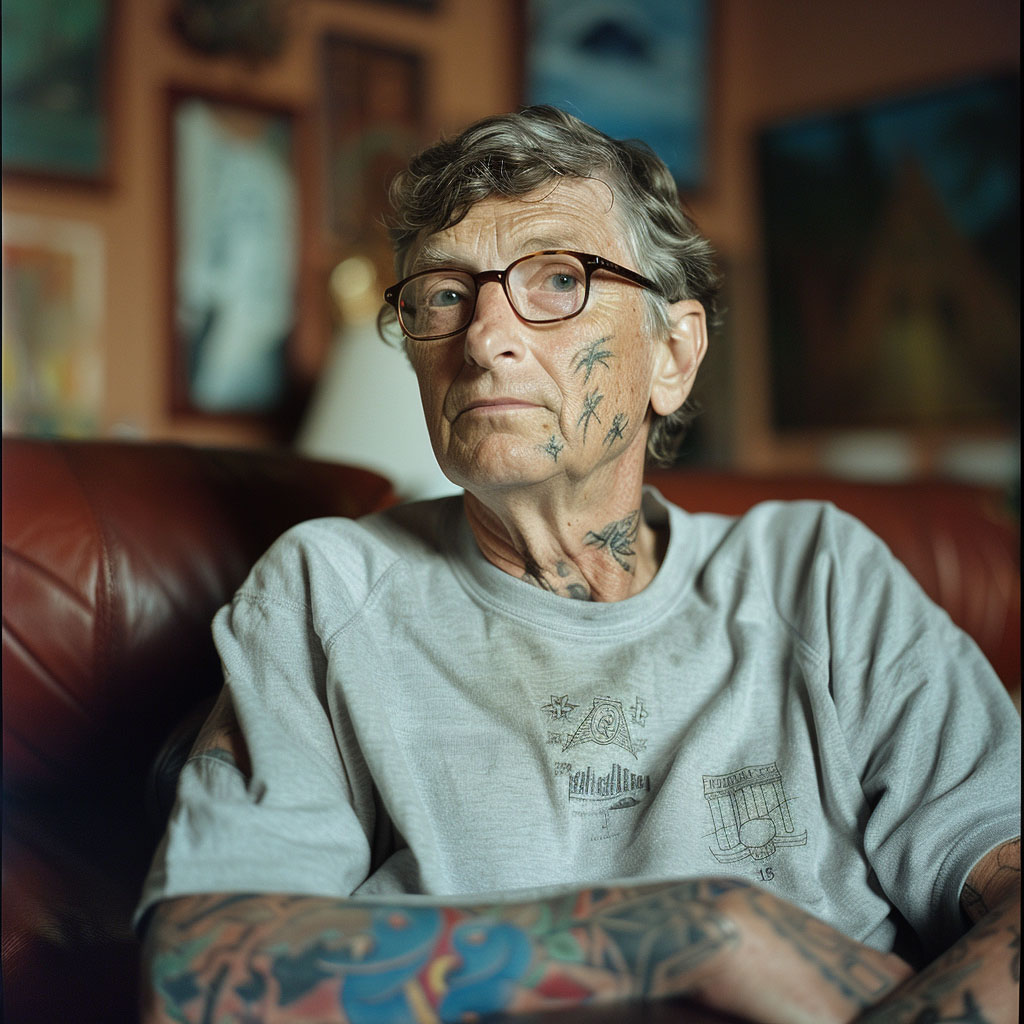 bill gates imagined with tattooes via midjourney