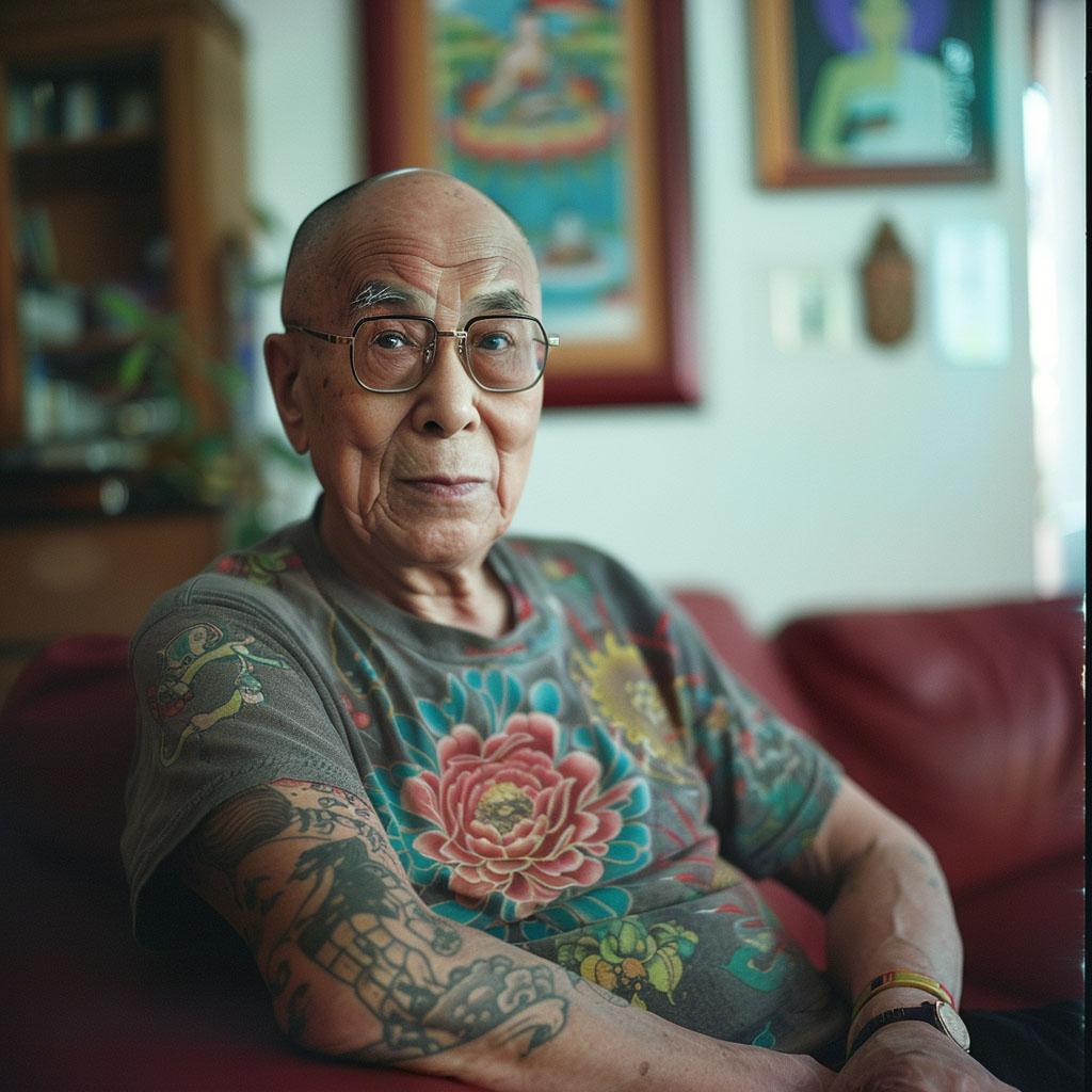 dalai lama imagined with tattooes via midjourney