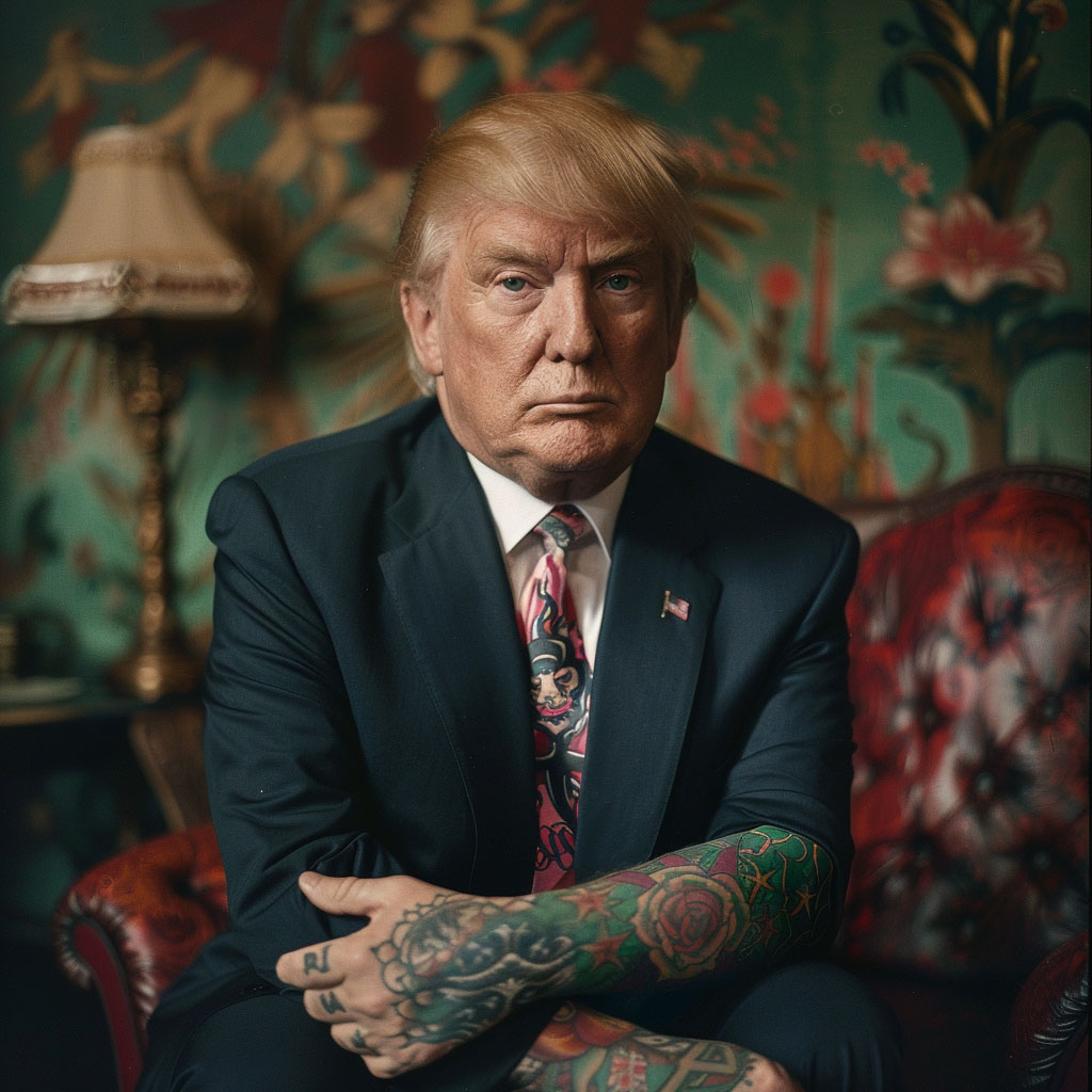 donald trump imagined with tattooes via midjourney