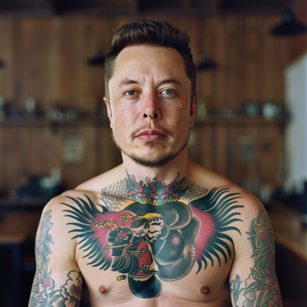 elon musk imagined with tattooes via midjourney