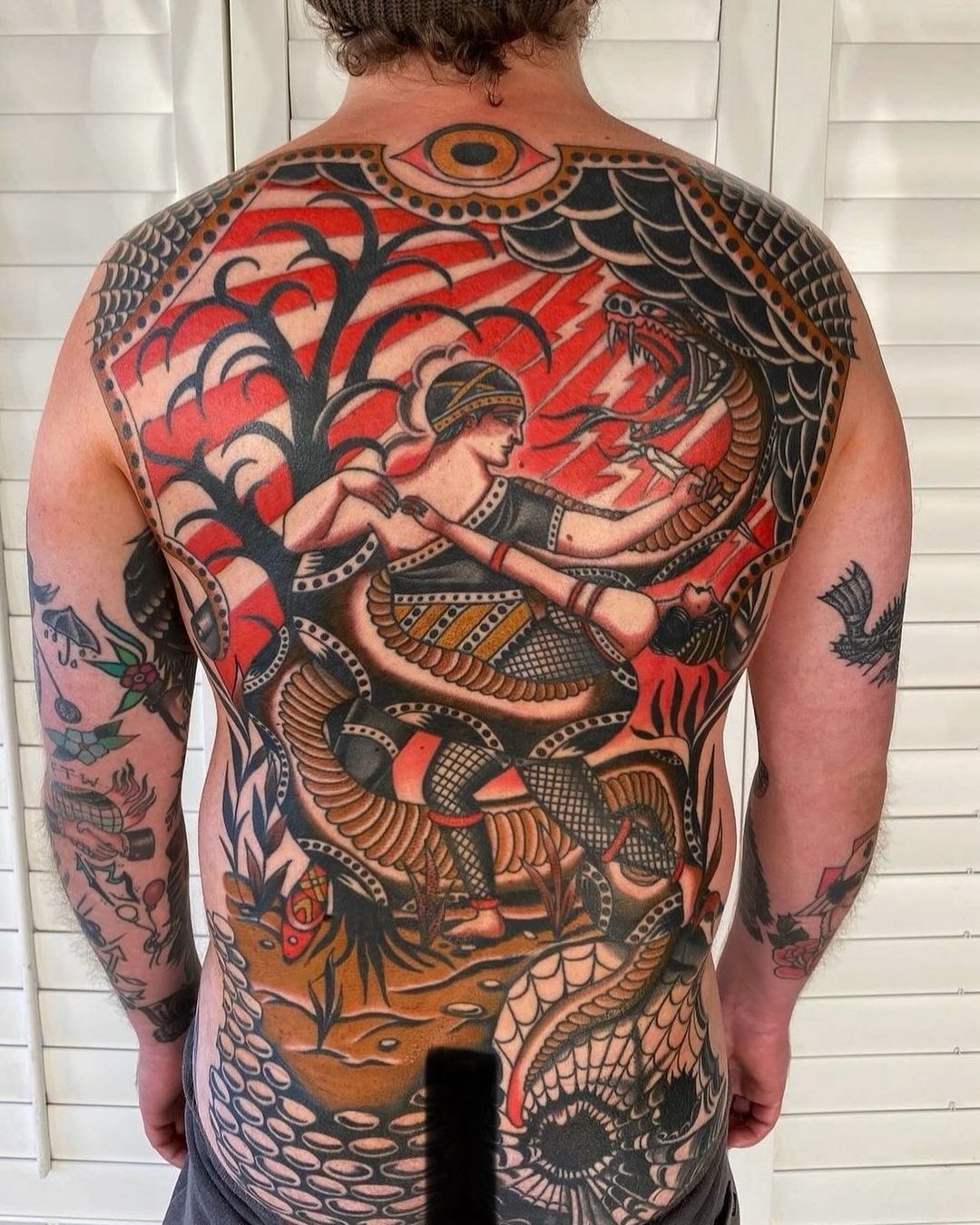 traditional full back tattoo by james mckenna and blair maxine mckenna