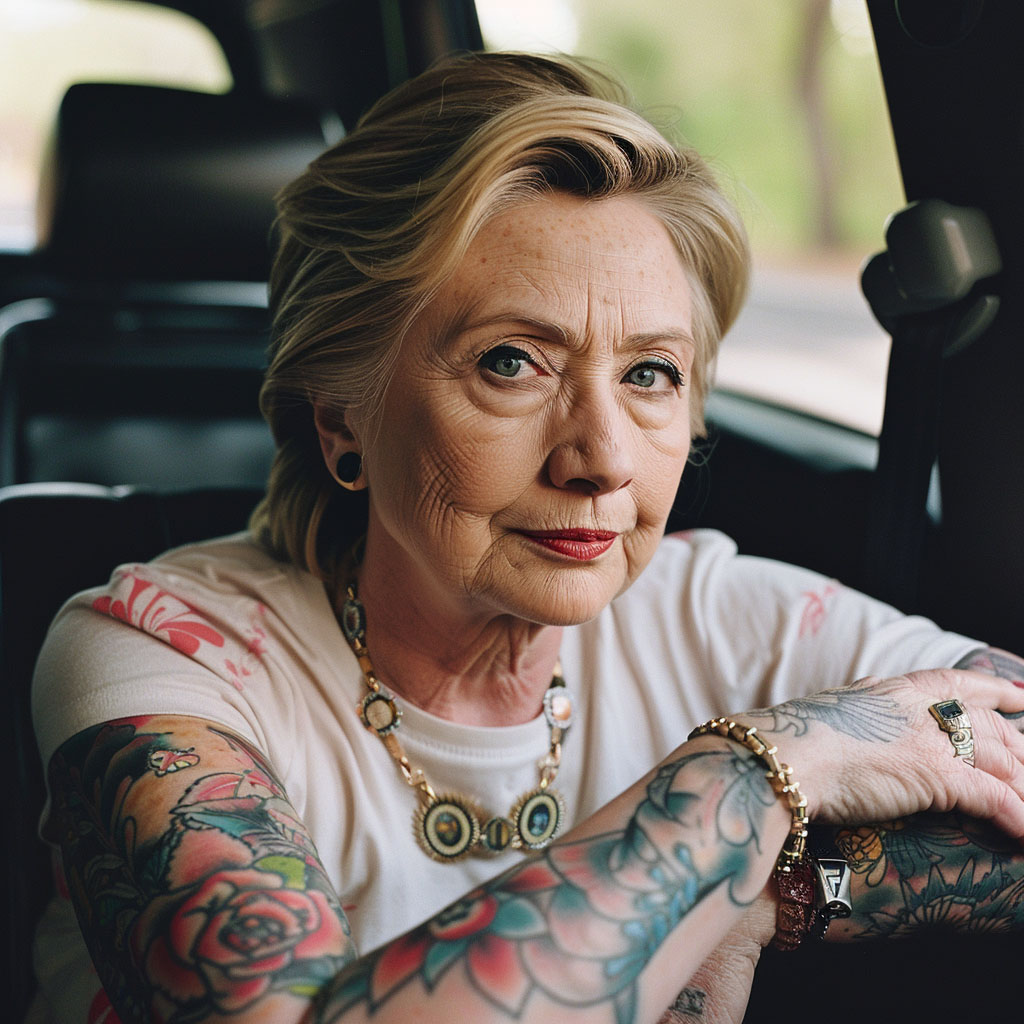 hillary clinton imagined with tattooes via midjourney