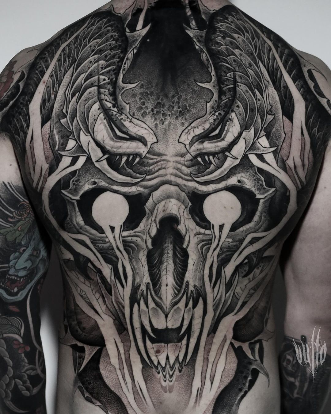 dark art full back tattoo by vulto