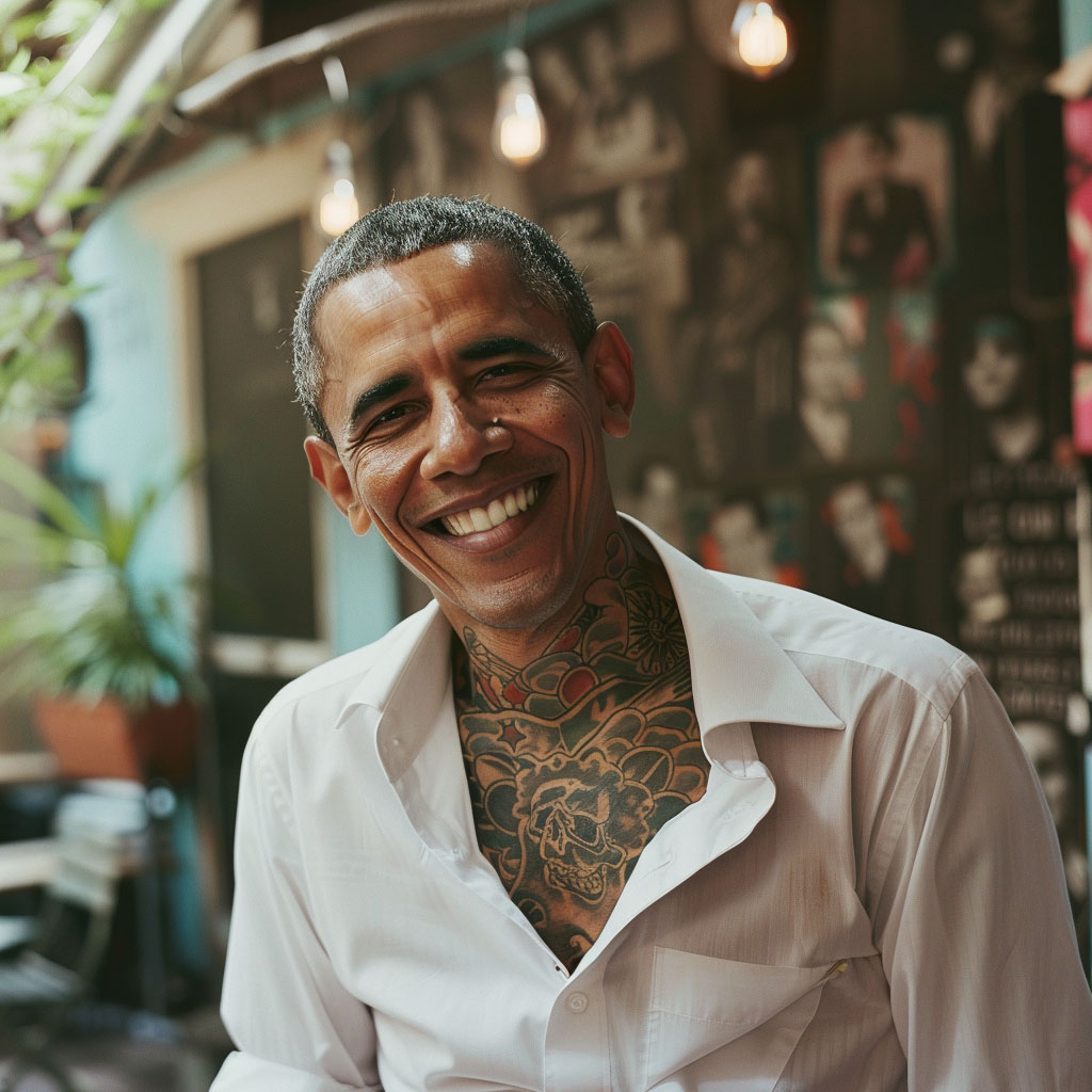 barack obama imagined with tattooes via midjourney