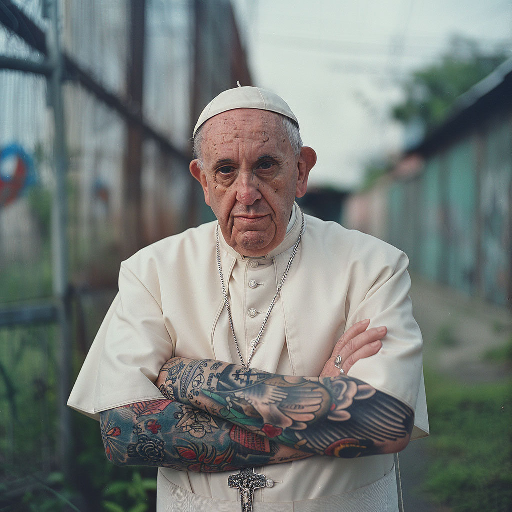 pope francis imagined with tattooes via midjourney