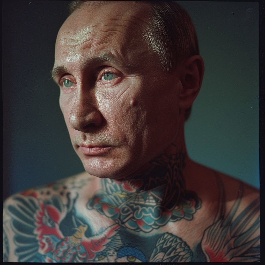vladimir putin imagined with tattooes via midjourney