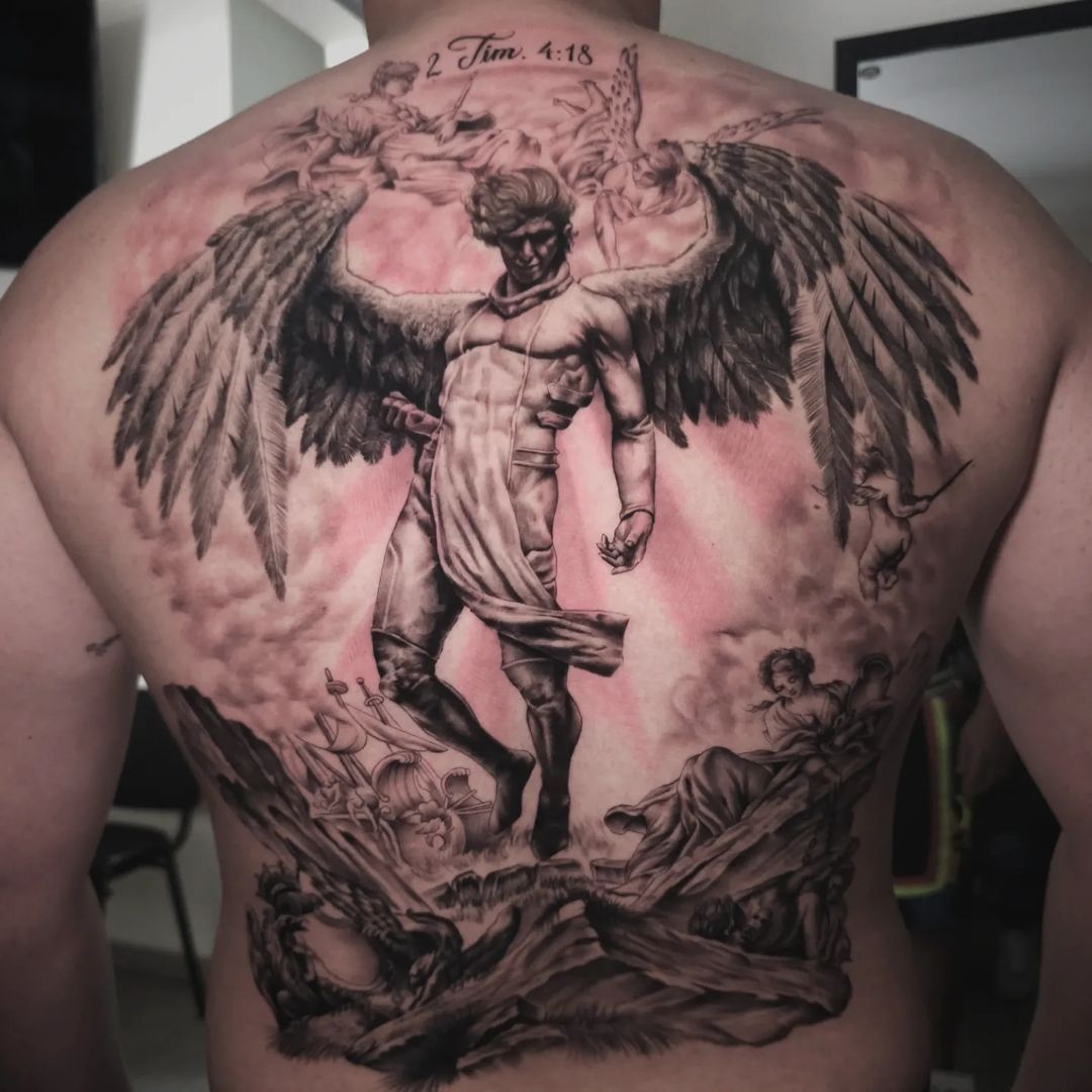 black & grey realism full back tattoo by hector serrano