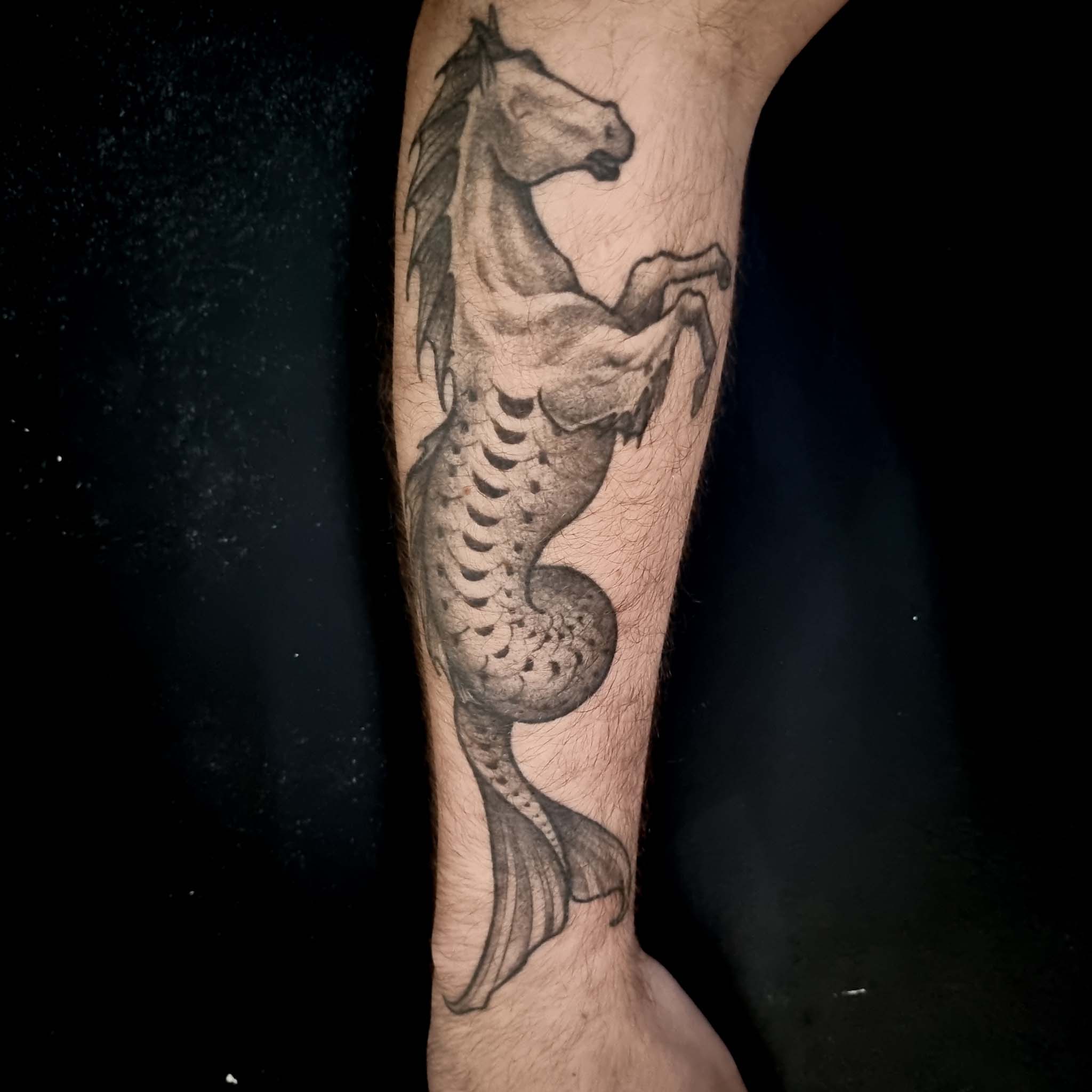 black and grey tattoo of a mythological hippocampus
