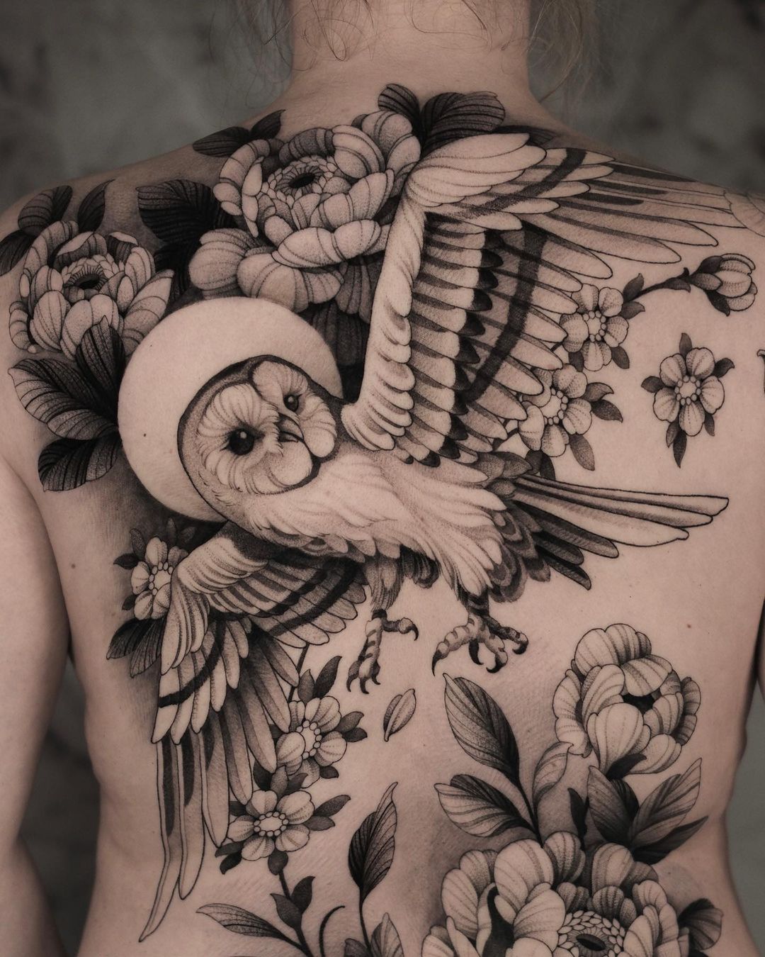 black & grey realism full back tattoo by dotwork