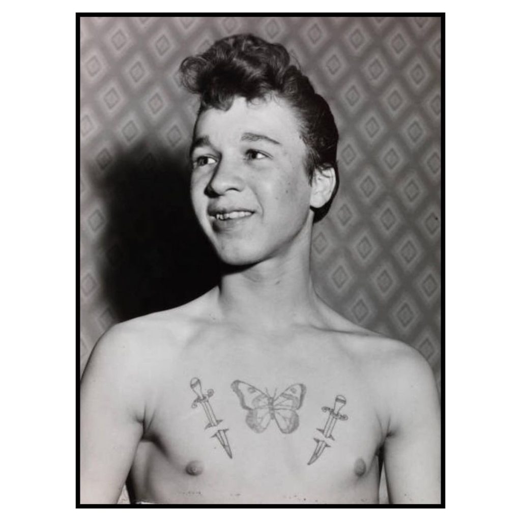 15 year old schoolboy Eric Jarvis tattooed by Eric Simister, Featherstone, England, May, 1960 vintage tattoo historical archive photograph