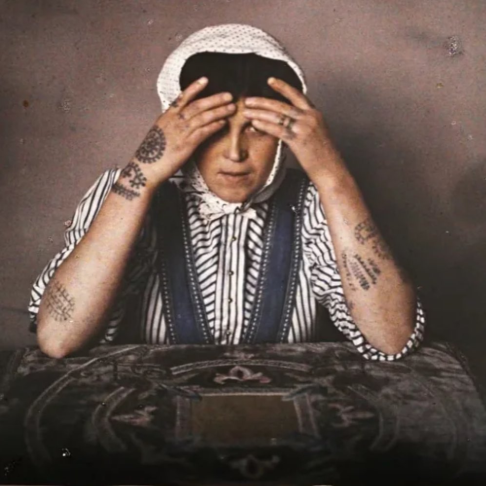 A Sarajevan Catholic woman photographed by Auguste Léon, 1912, This form of tattooing is called Sicanje or Bocanje and it is practiced by the women of Bosnia and Herzegovina vintage tattoo historical archive photograph