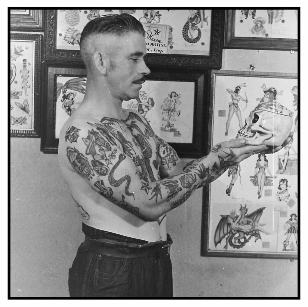 Bristol Tattoo Club member tattooed by Les Skuse, c.1950’s vintage tattoo historical archive photograph