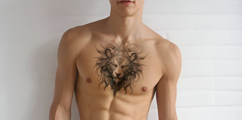 Lion head flash design chest tattoo