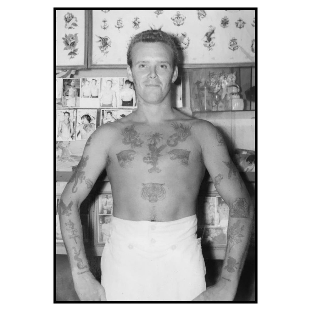 Man tattooed by Pinky Yun, Hong Kong, 1962 vintage tattoo historical archive photograph