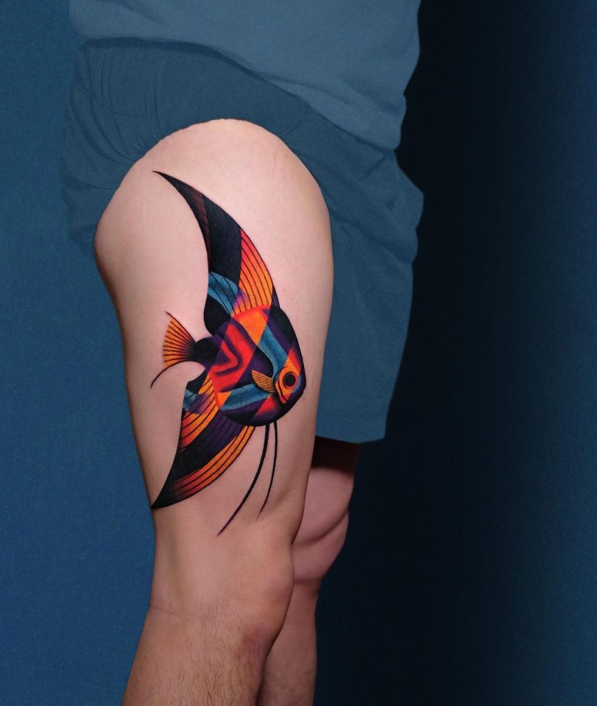 Colorful Illustrative Fish Tattoo by Aleksy Marcinow