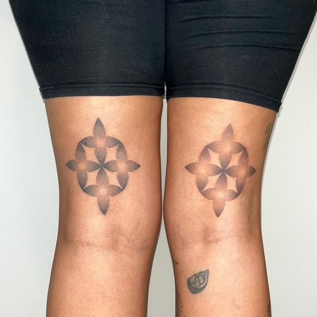 Hand Poked Geometric Dotwork Double Back Thigh Tattoos by Daniella