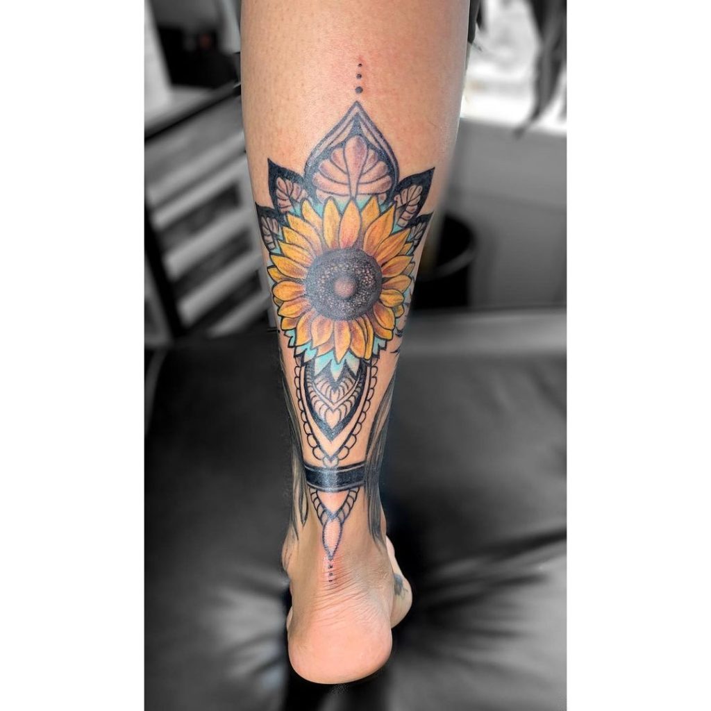 Sunflower Mandala Calf Tattoo by Melii Cano