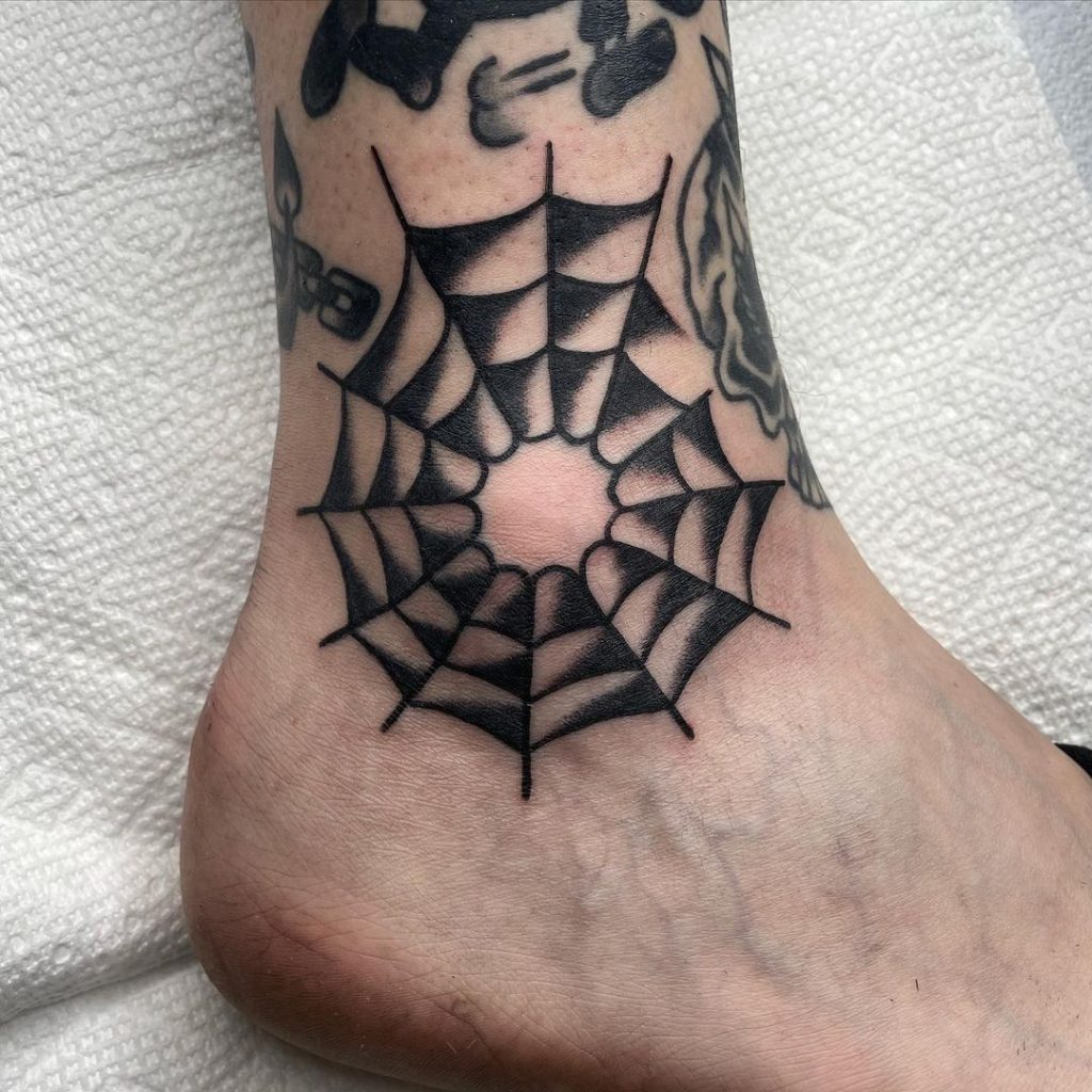 Old School Traditional Spider Web Ankle Tattoo by Ben Sloth