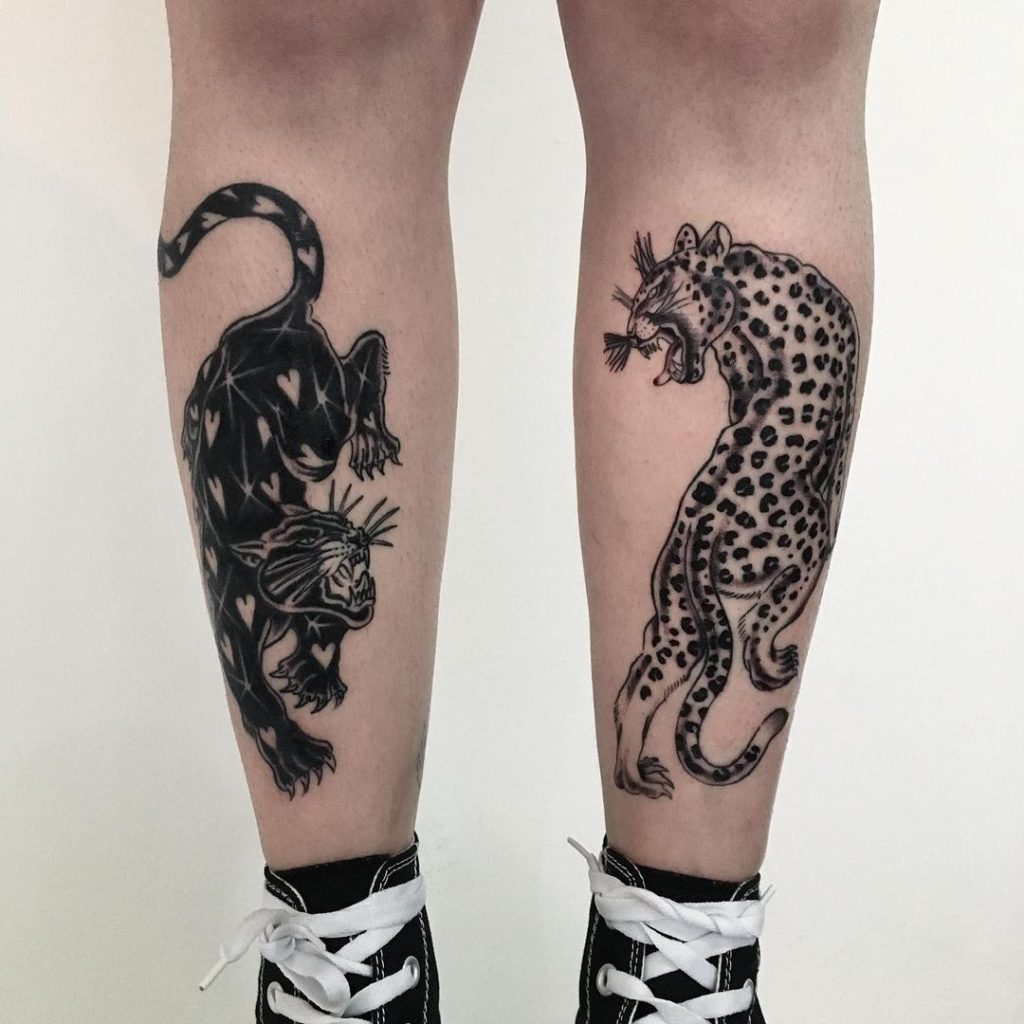 Old School Double Panther Shin Tattoos by Cope Tattoo