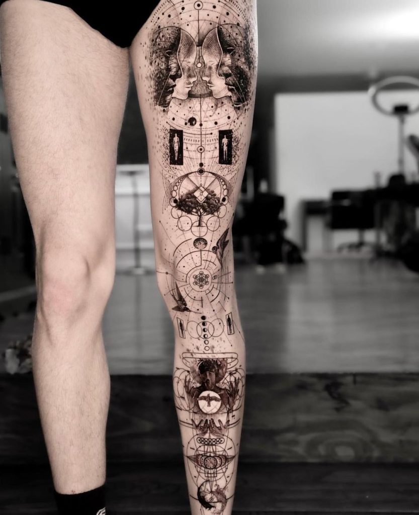 Fineline Black and Grey Geometric Negative Space Leg Sleeve Tattoo by Gerisykaj