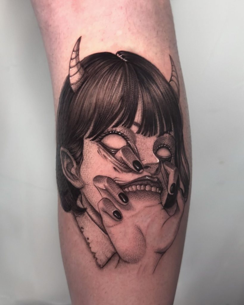 Black and Grey Dark Illustrative Demon Girl Calf Tattoo by Chaa Jun