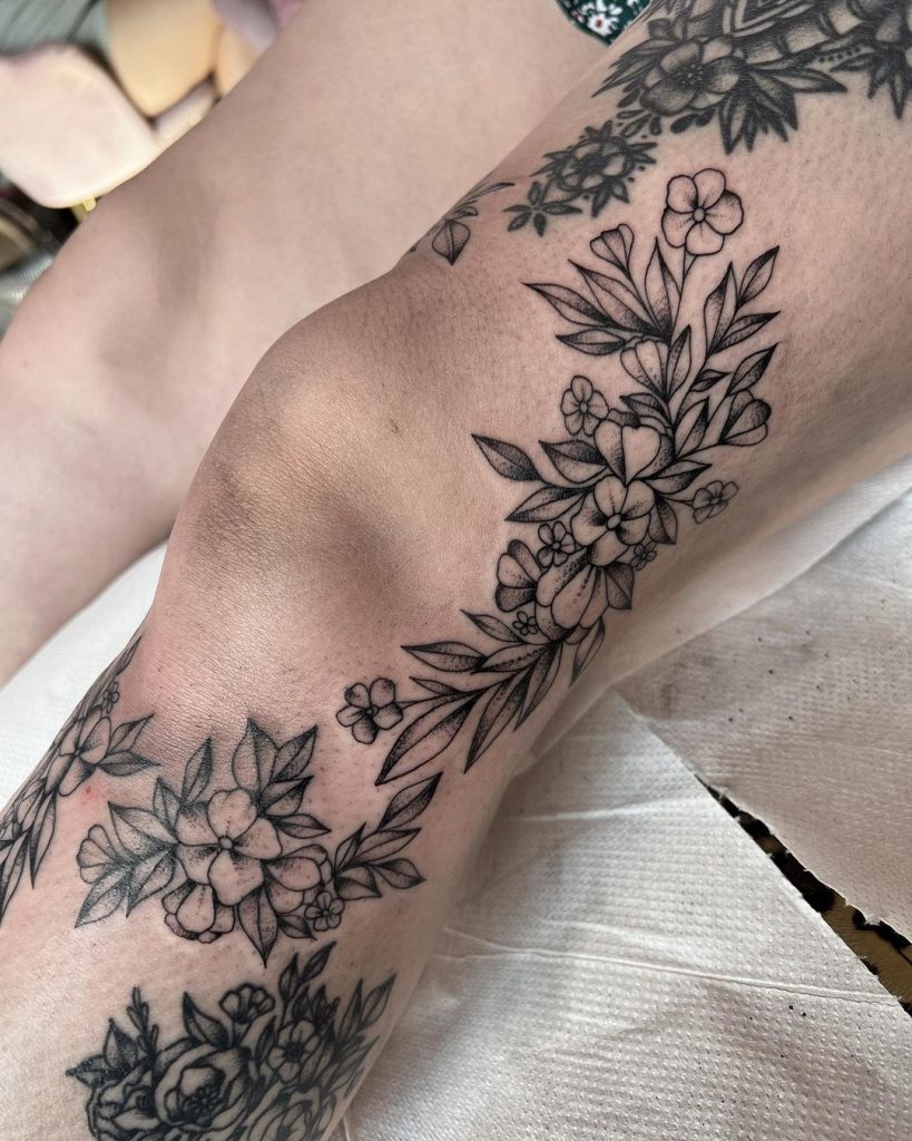 Floral Botanical Knee Tattoo by Courtney Jade