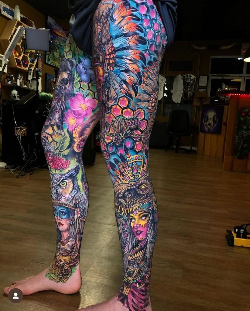 Illustrative Double Leg Sleeve Tattoos by Derek Turcotte