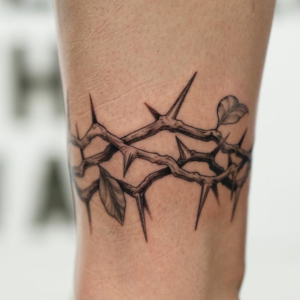 Black and Grey Thorns Floral Leg Band Tattoo by Eric Griffin