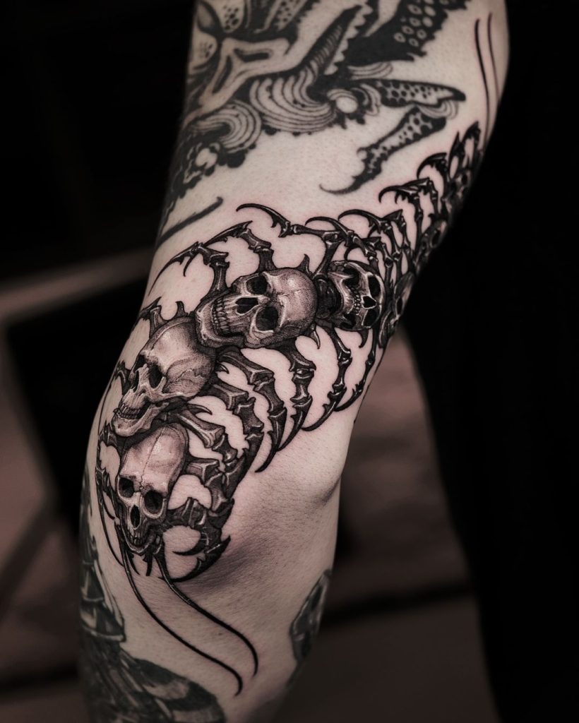 Dark Black and Grey Knee Skull Centipede Tattoo by GARA