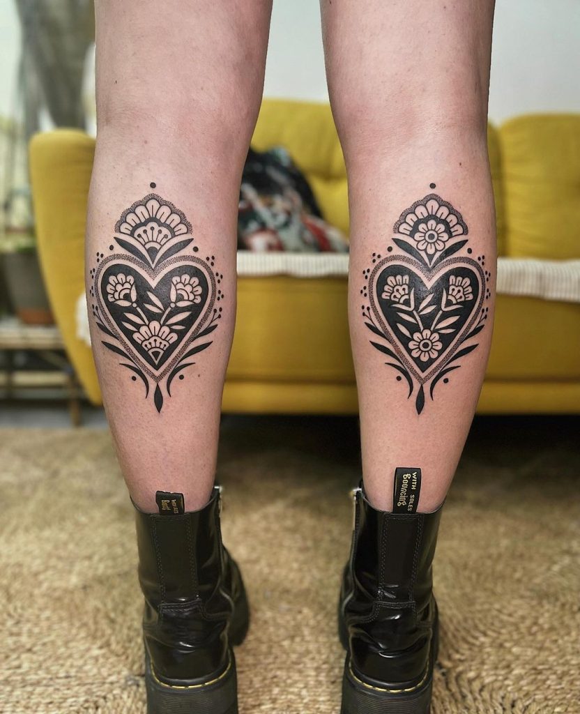 Matching Ornamental Blackwork Calf Tattoos by Hyliabe