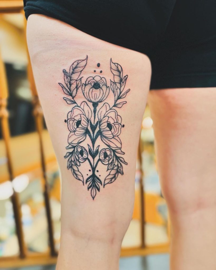 Ornamental Floral Back Thigh Tattoo by Alesha