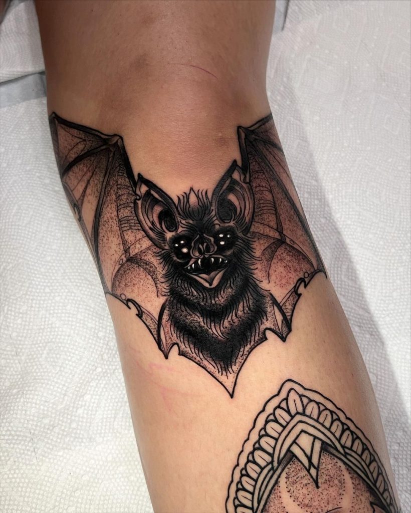Black and Grey Bat Knee Tattoo by Jason Barresi