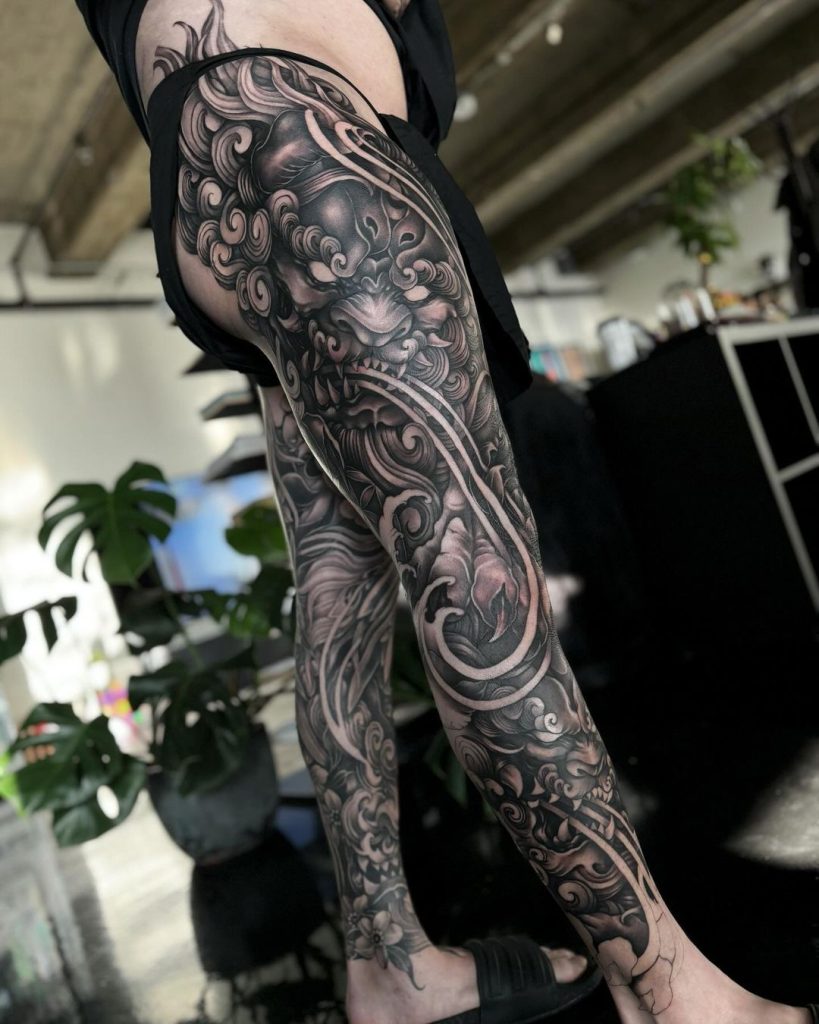 Black and Grey Double Leg Sleeve Tattoos by Jennal Wang