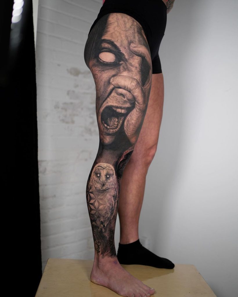 Horror Realistic Black and Grey Leg Sleeve Tattoo by Jim Leclerc