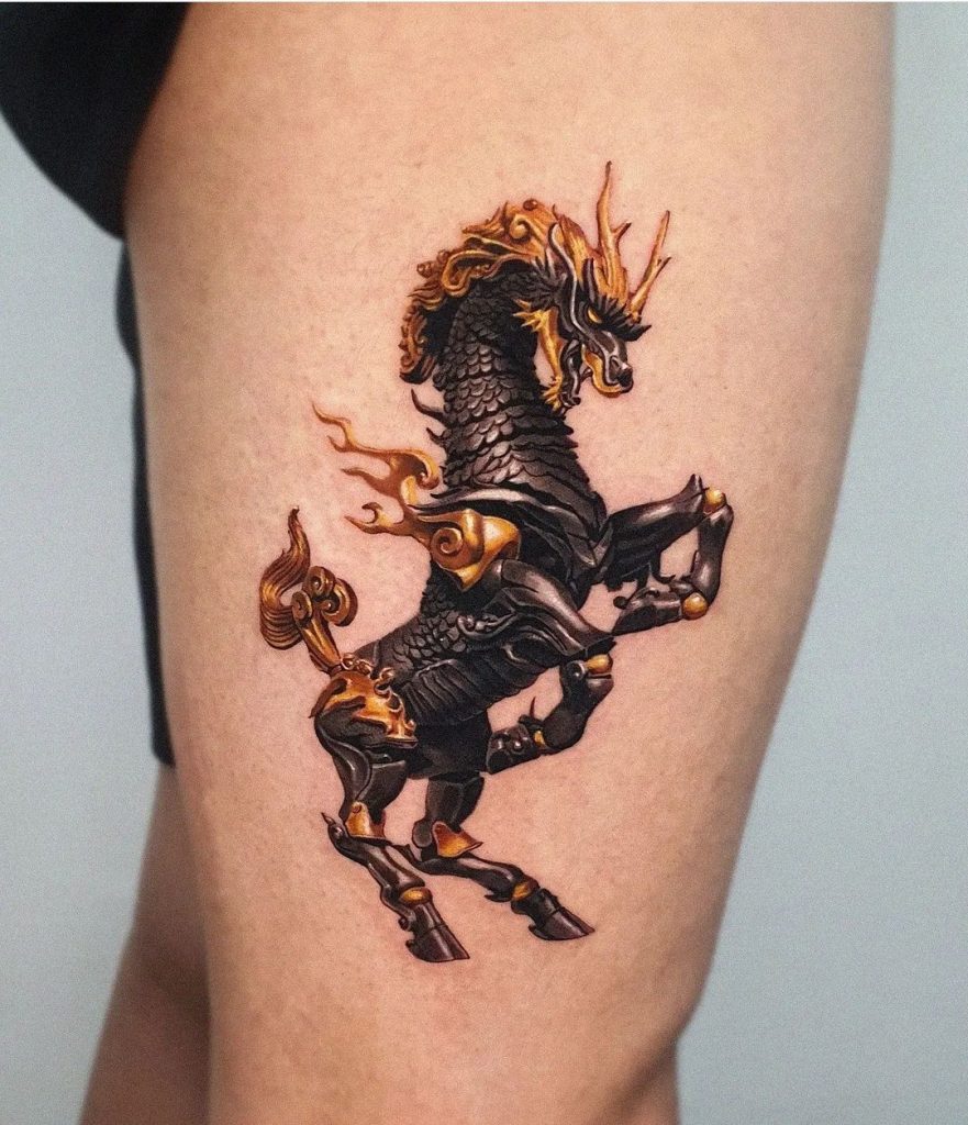 Realistic Mythological Oriental Horse Thigh Tattoo by Jiro