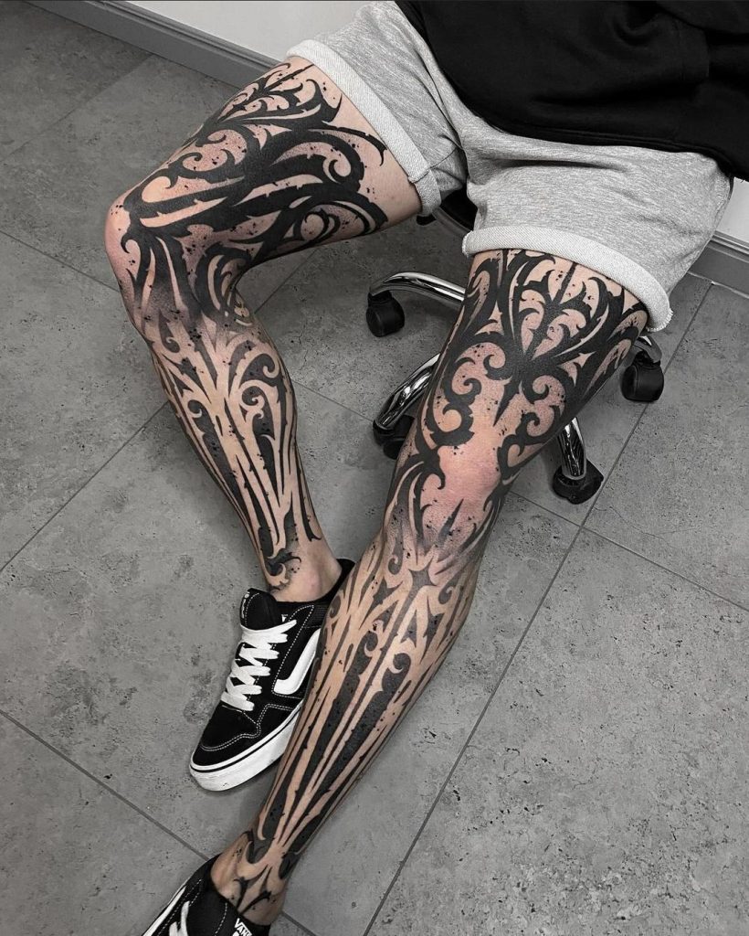 Ornamental Blackwork Double Leg Sleeve Tattoos by Kruk