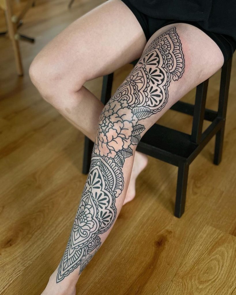 Ornamental Floral Front Leg Sleeve Tattoo by Black Lotus