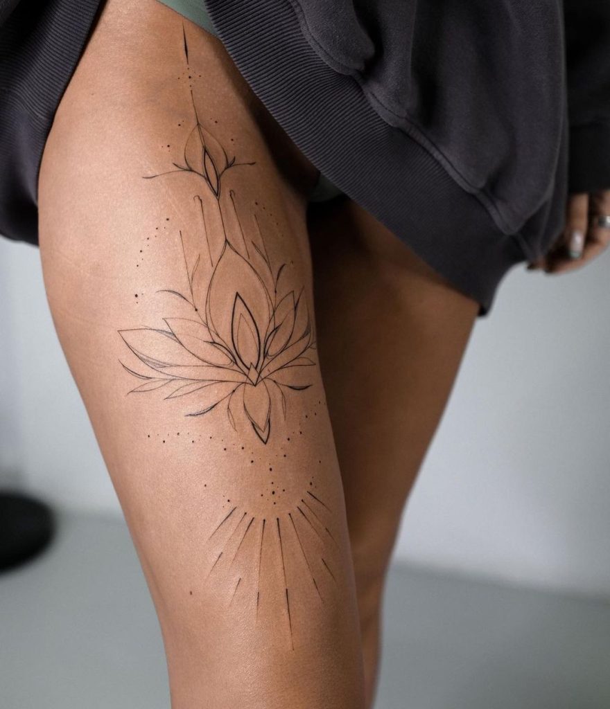 Fineline and Dotwork Minimalist Floral Thigh Tattoo by Liza A.