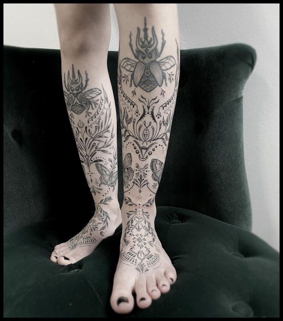 Fineline Ornamental Negative Space Double Leg Half Sleeve Tattoos by Magdalena Sky