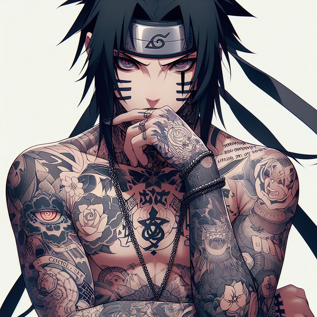 sasuke uchiha from naruto anime  with tattoos