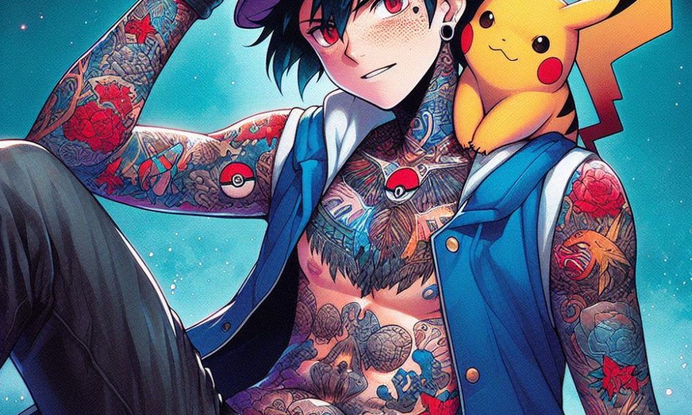 ash ketchum from anime pokemon covered in tattoos