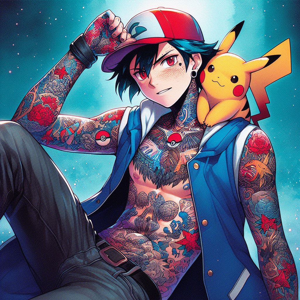 ash ketchum from pokemon anime with tattoos