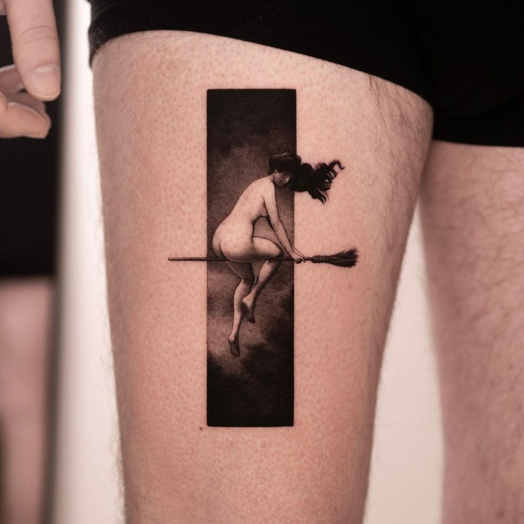 Black and Grey Witch Thigh Tattoo by PRATS