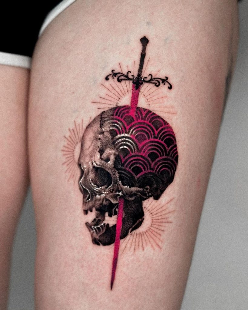 Art Fusion Skull and Sword Thigh Tattoo by Dante