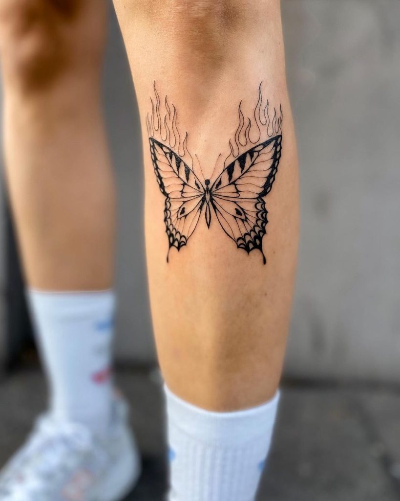 Butterfly in Flames Shin Tattoo by Saskia Patrice